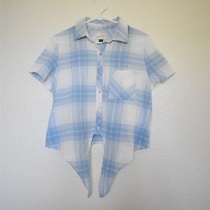 Sky Blue Plaid Tie Front Button Up Top